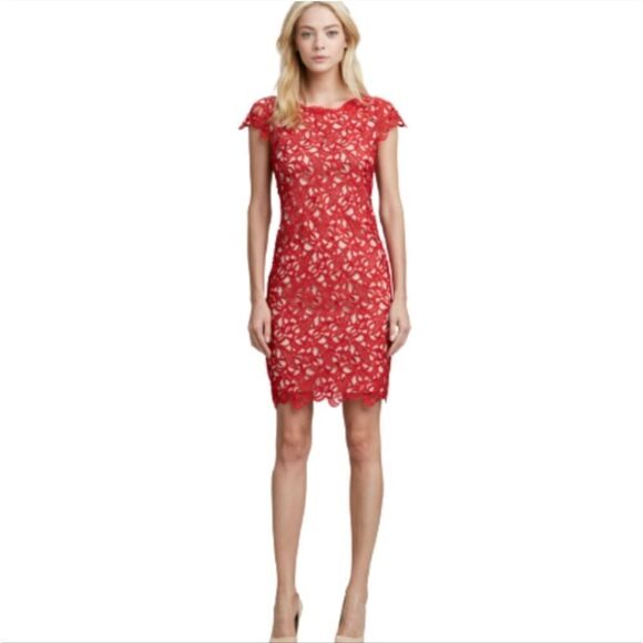 Alice + Olivia Clover Lace Dress women's size 4* red sheath crochet mini overlay - Picture 1 of 11